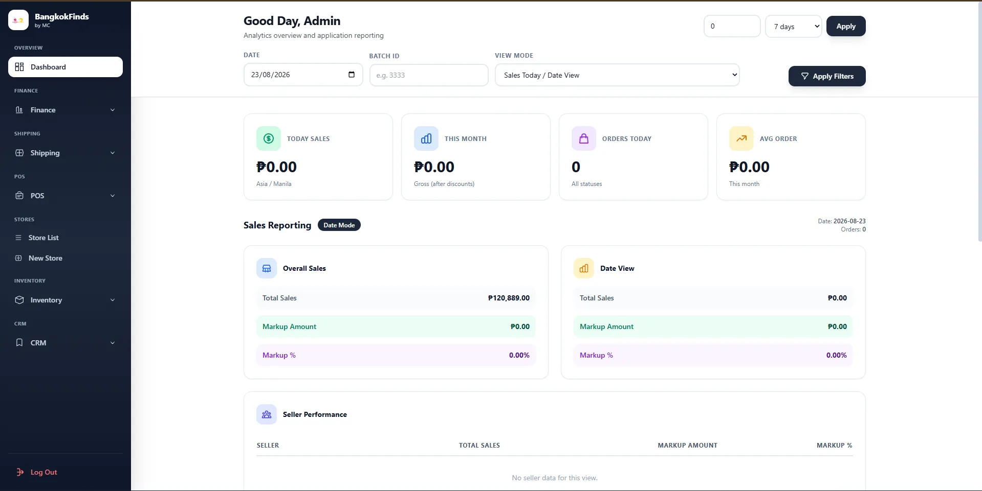 BangkokFinds commerce administration dashboard with sales, orders, finance, shipping, POS, inventory, and seller reporting